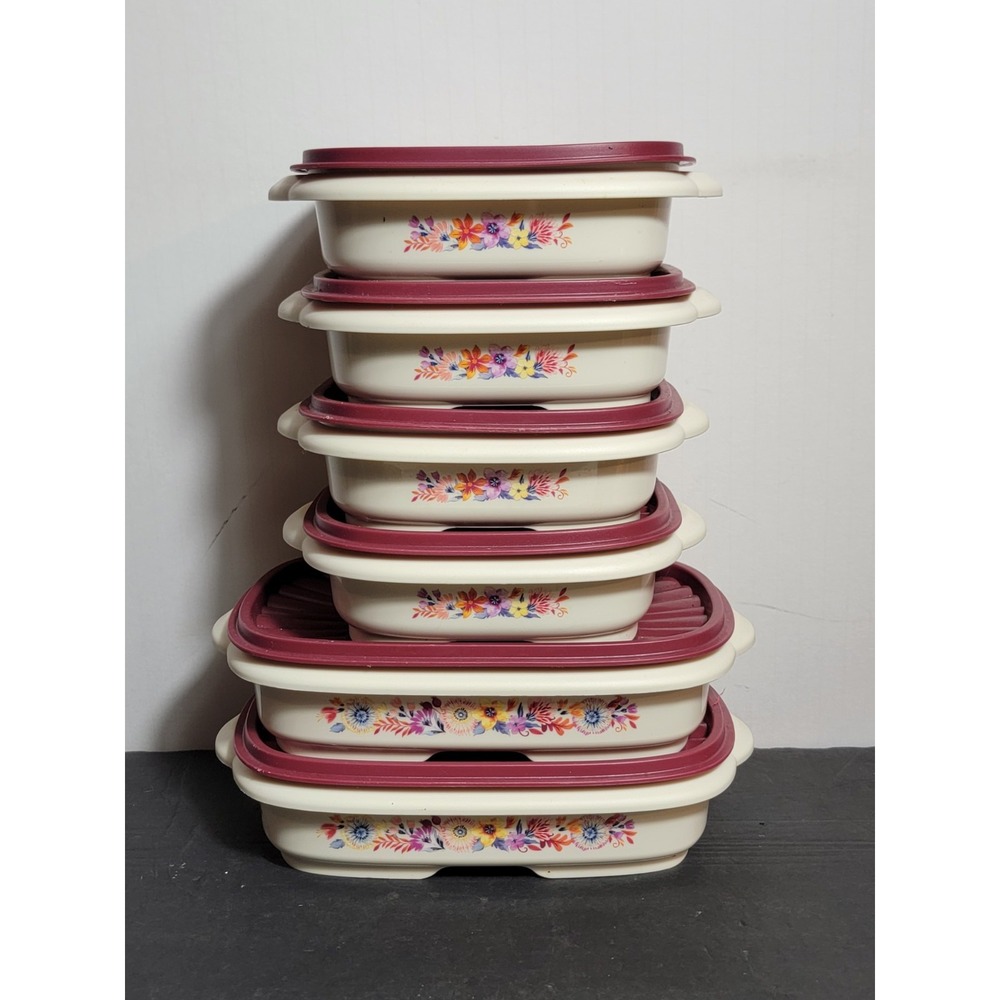 Food Containers "The Pioneer Woman" Set of 6 Plastic W Lids Floral Red Pattern